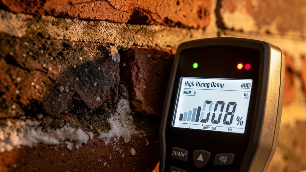 Surveyor using a moisture meter to check for rising damp in a Victorian Chiswick property