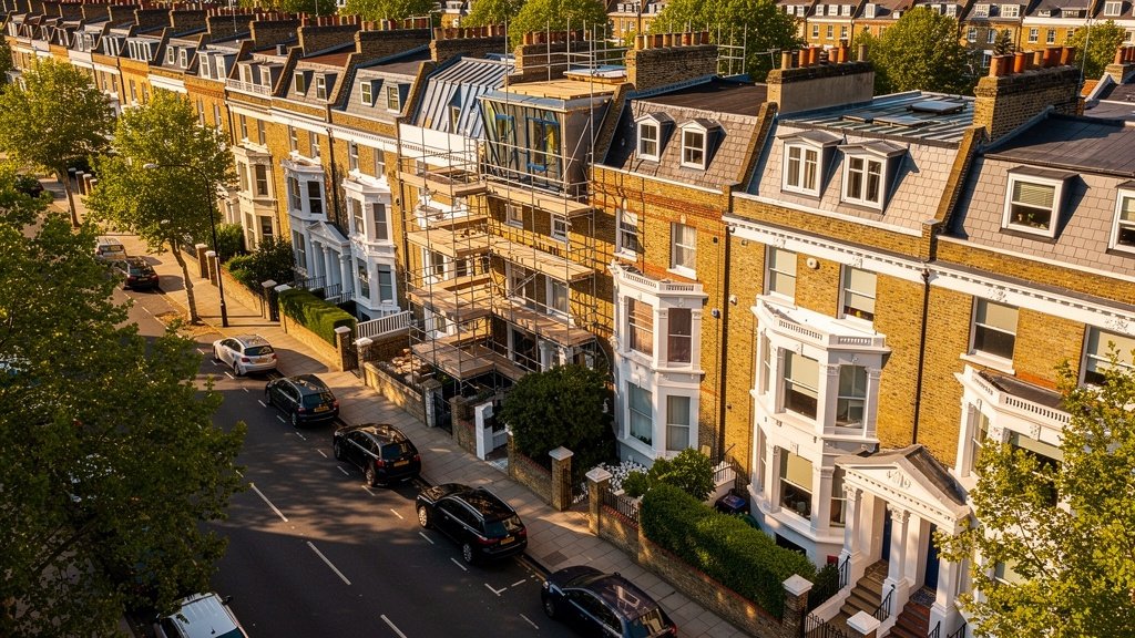 Aerial view of a West London conservation area street with permitted development works and scaffolding visible on a Victorian terrace