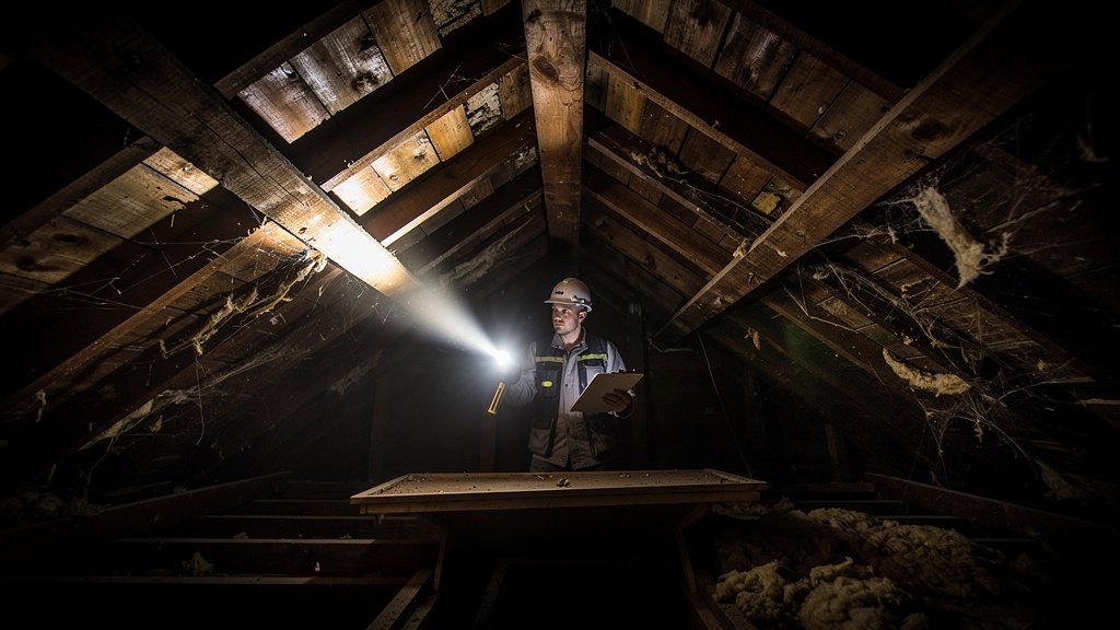Building surveyor inspecting roof timbers in a Victorian attic with a torch during a Level 3 building survey