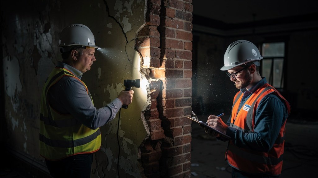 Structural engineer and RICS-accredited surveyor examining a large diagonal crack in a Victorian brick wall in Chiswick