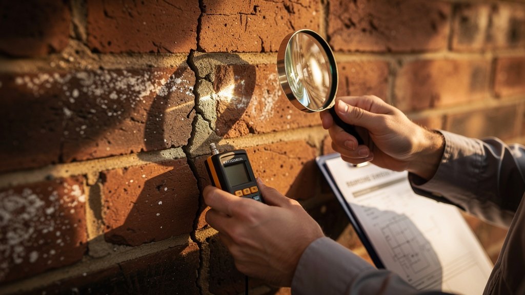 Building surveyor closely examining Victorian brickwork during a Level 3 building survey