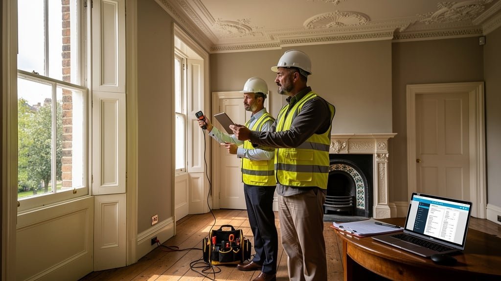 Surveyor conducting RICS Level 2 home survey in Chiswick property